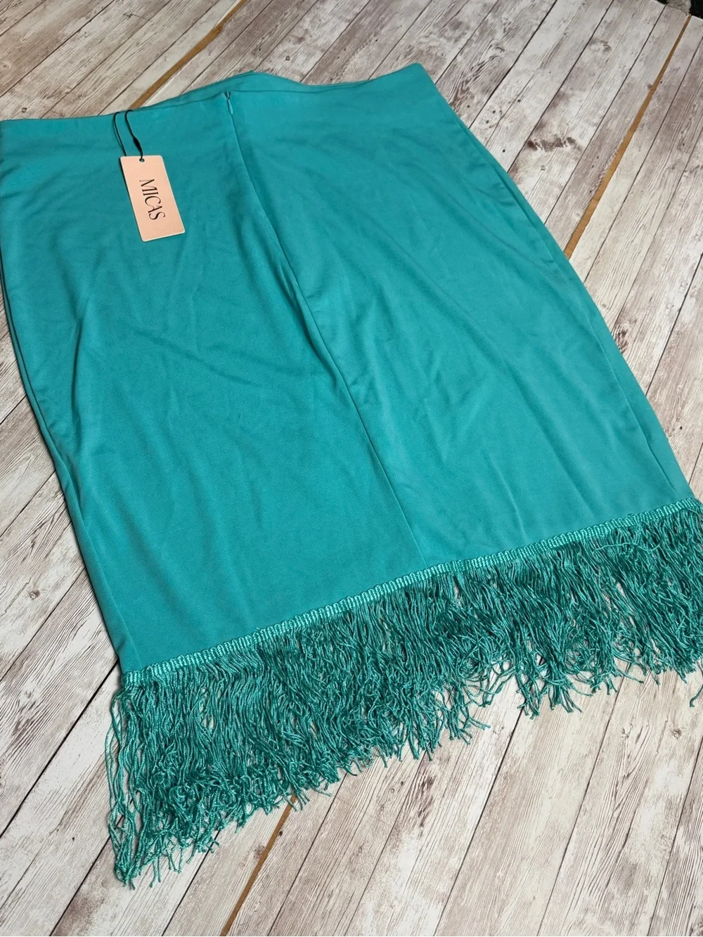 MICA'S Teal Fringe Pencil Skirt - Picture 5 of 6